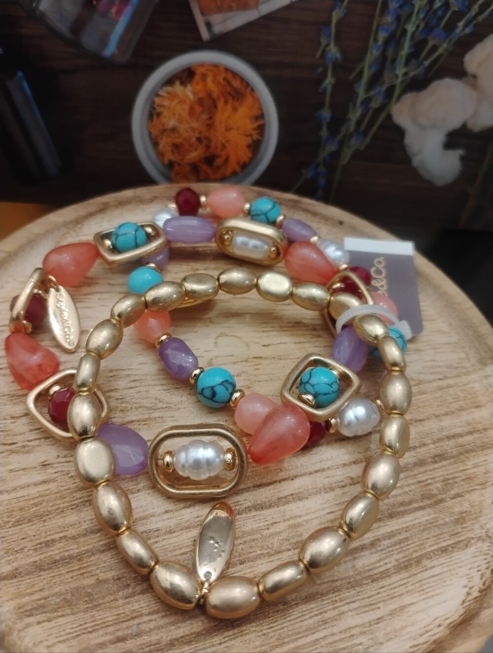 Set of 3 Gold & Multicolored Beaded Boho Bracelets by Style & Co NWT